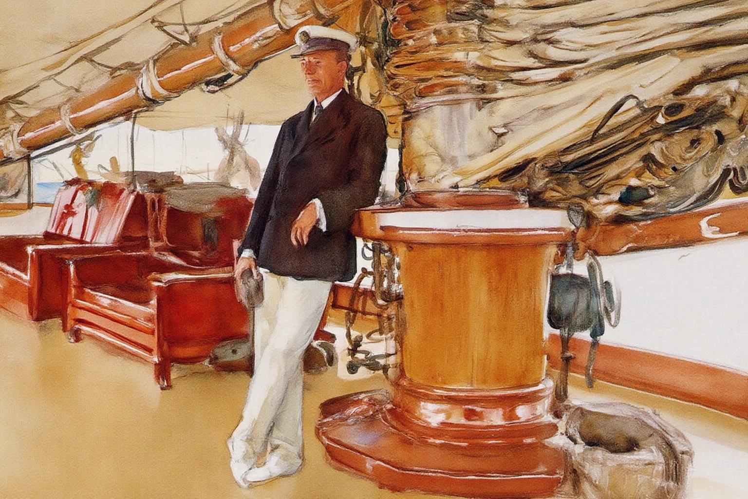 johnsingersargent3 painting. 
A man in a captain's uniform and white trousers stands on a ship deck, leaning against a wooden structure. The background shows the ship's interior with ropes, a red chair, and a small table. <lora:johnsingersargent3_cap_d8a4e12:1.0><lora:859963592722632650:0>