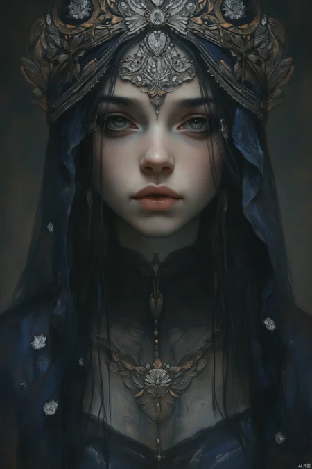OBxiaoxiang,
A mysterious portrait of a woman, her face partially veiled by the shadows cast by her intricate headdress. Her expression is enigmatic, her eyes reflecting a hidden depth. She wears a flowing, midnight-blue gown, decorated with delicate silver accents. The headdress, a crown of intricate silver and gold filigree, further enhances the sense of mystery. The overall image exudes a timeless quality, hinting at a history filled with unspoken secrets.