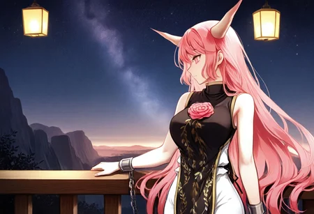 safe_pos, 1girl, onikasen, touhou, looking down, cowboy shot, close shot, upper body only, breasts, profile, (side profile:2), side of face only, wide shot, standing, from above, from side,, ass, looking down, pink hair, (very long hair:1.9), pink eyes, (pupils:1.9), horns, white dress, bare shoulders, tabard, black tabard, gold trim, thorn pattern, shackles, chains, wide hips, toned, toned female, (tall female:1.6), leaning on rail, arm rest, balcony, windy, landscape, scenery, mountain, ravine, hanging lantern, wooden railing, night sky, ambient lighting, starry sky, rivers, cliff face, detailed background, (nopetroto:0.9), (alphone mucha:0.3), (re ghotion:1.8, (r.e.c:0.9), very aesthetic, detailed, sensitive, beautiful color, absurdres, anatomically correct, masterpiece, best quality, amazing quality, beautiful, intricate details, Film Grain style,