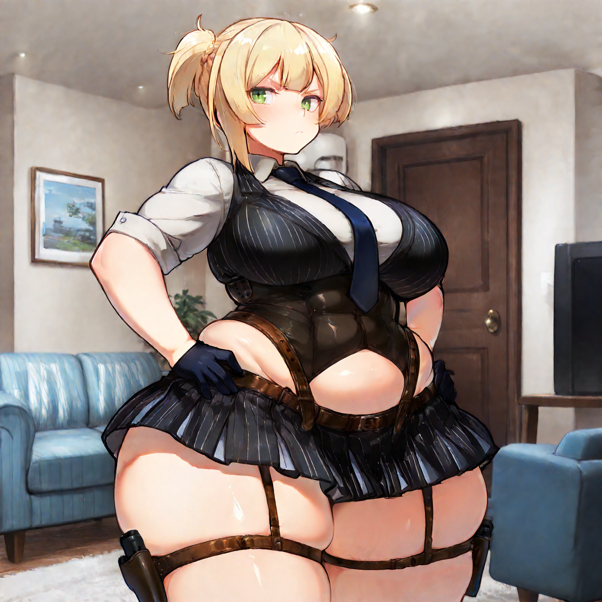 (masterpiece), best quality, (highly detailed), 1female, solo, <lora:MilkEngine_style_Illustrious:0.8>,  <lora:Welrod:0.7> , Welrod, welbase, necktie, corset, skirt, pinstripe pattern, gloves, thigh holsters, thick thighs, huge thighs, living room, hands on hips, plump,