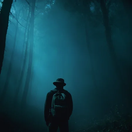 cinematic film still of <lora:Cool Lighting Style:1>
cool light,a man in a hat and a backpack is standing in the woods,cool lighting style,solo,1boy,hat,holding,standing,monochrome,male focus,outdoors,tree,night,nature,scenery,forest,light,dark,fog,flashlight , 5600k, blue color, teal color, cool color, cyan color, white color, shallow depth of field, vignette, highly detailed, high budget, bokeh, cinemascope, moody, epic, gorgeous, film grain, grainy