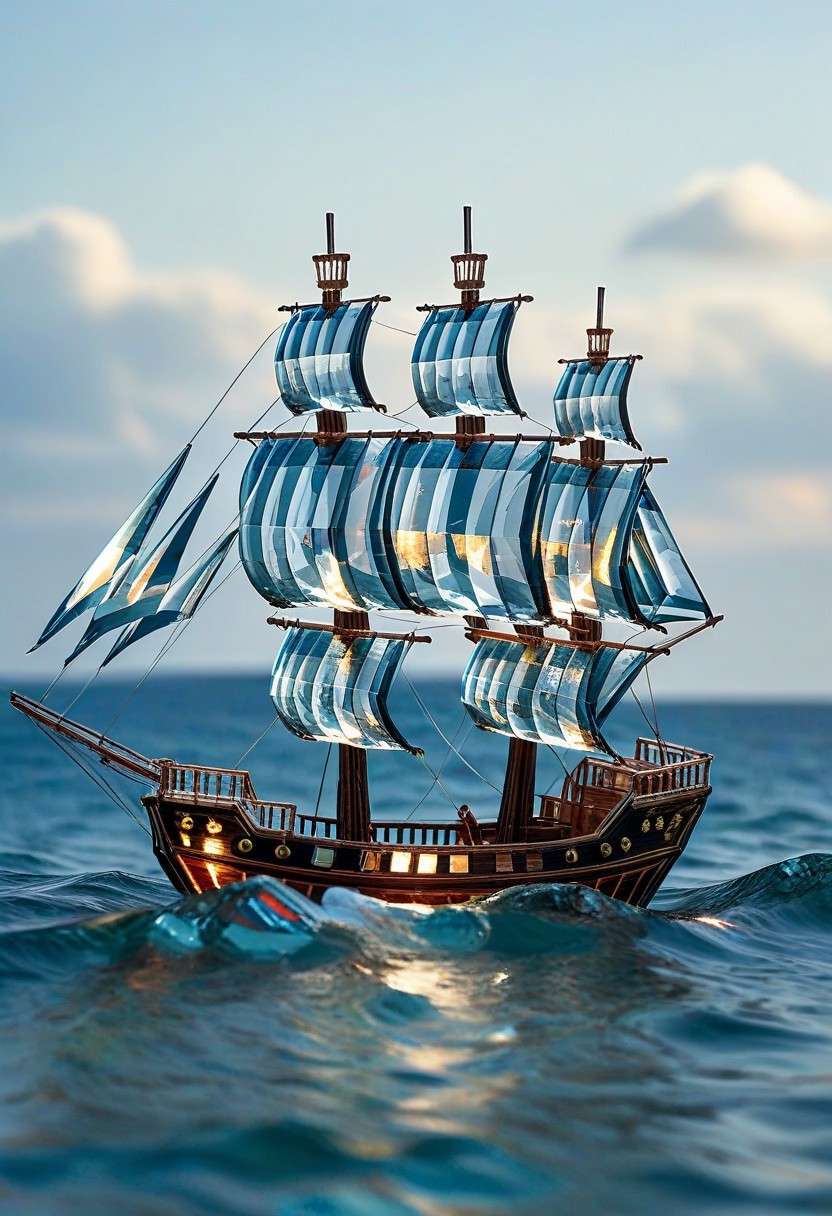 Pirate ship made of origame folded paper, swimming in a glass sea