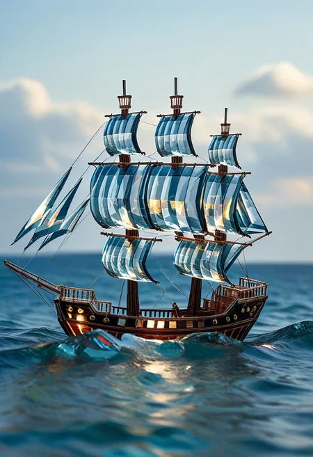 Pirate ship made of origame folded paper, swimming in a glass sea