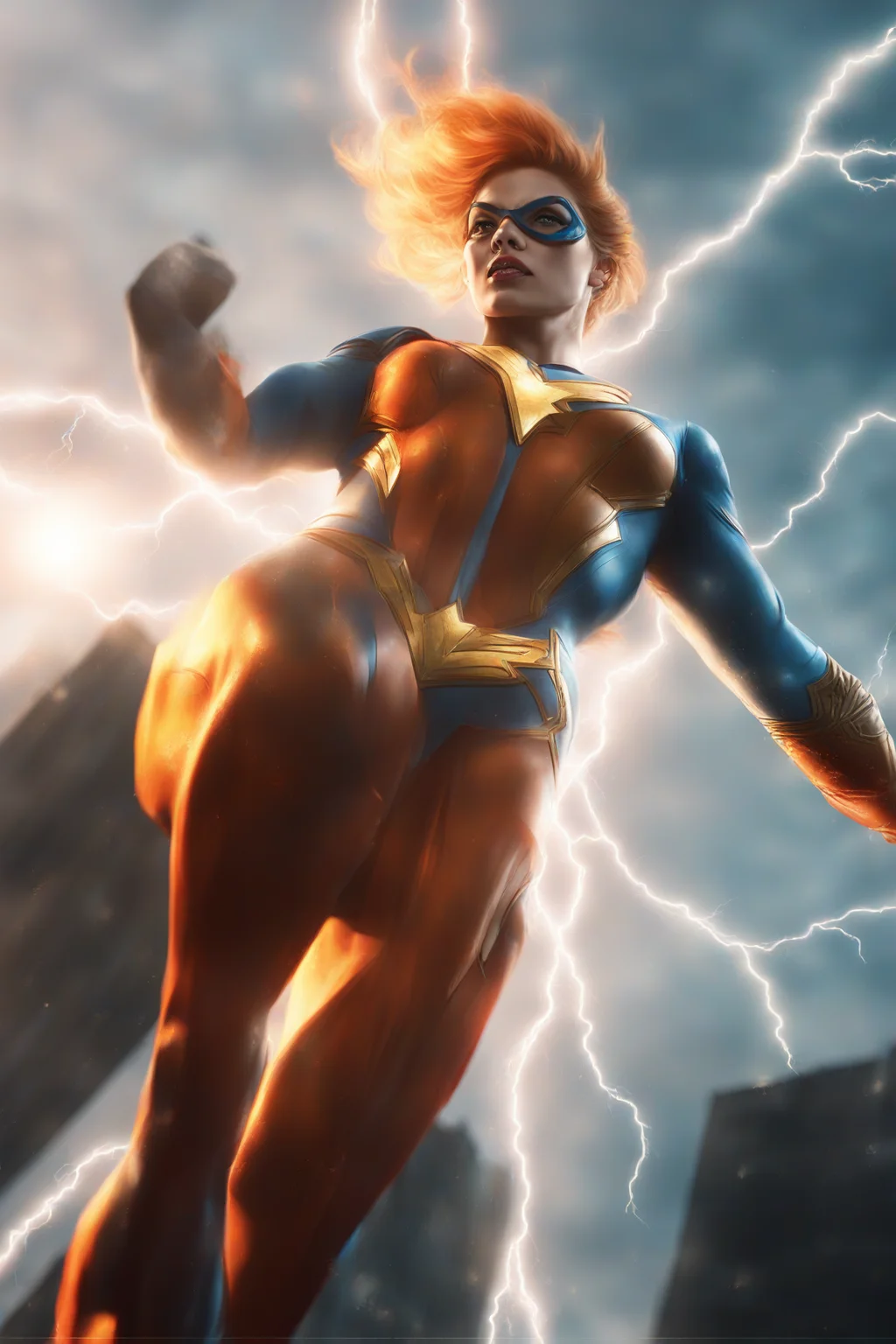 zdyna_pose, dutch angle, from below, female superhero in a zdyna_pose casting lightning from her outstretched arms with a tall city in the background in a low camera angle actions scene, foreground objects dust and volumetric lighting, bright cinematic lighting, orange and teal color grading