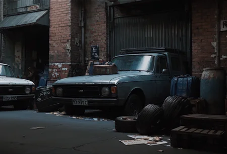 ,ruanyi0851,ground vehicle,brick wall,no humans,<lora:0851 abandoned vehicles V2_v1_pony:1>, score_9,score_8_up,score_7_up,,8k,1girl,solo,,