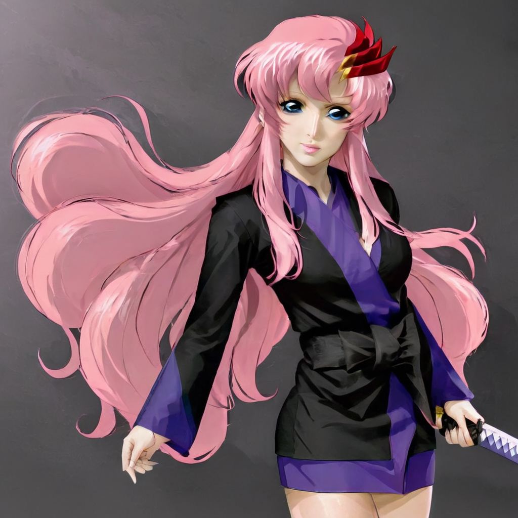 lacus clyne, cute, asian, satin silk kimono, black kimono, long sleeves, long hair, pink hair, hair ornament, wielding katana, japanese sword, dojo, full body image