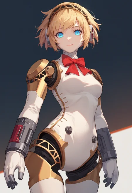 score_9, score_8_up, score_7_up, source_anime, solo, 1girl, p3aegis, android, robot joints, smile, closed mouth, looking at viewer, standing, hairband, headphones, red bow <lora:persona4_aegis_ponyXL:1>