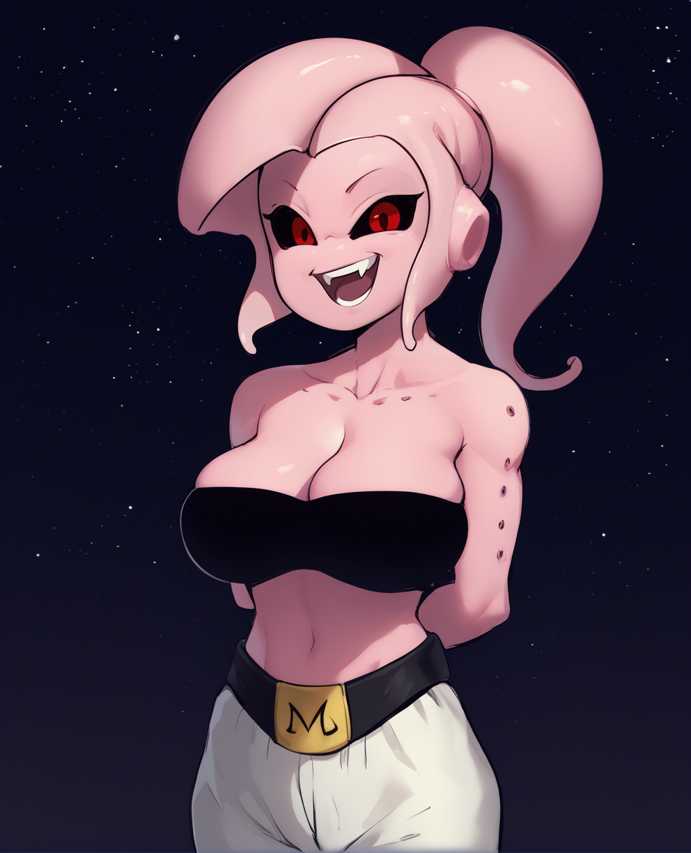 score_9,score_8_up,score_7_up,nude,
Fmajin,pink skin,red eyes,black sclera,pink tentacle hair,ponytail,looking at viewer,open mouth,
baggypants,belt,black tube top,midriff,cleavage,bare shoulders,M,shoulder holes,
evil smile,large breasts,arms behind back,
stars,space,milky way,
solo,<lora:FemaleMajin:0.9>,solo,