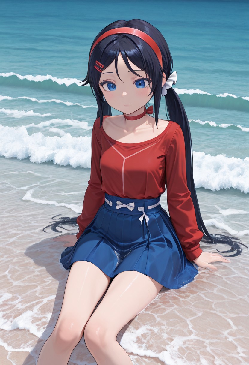 sitting in cafe near beach beautiful island, clear water, waves, ochean, amazing landscape, mita,1girl, solo, petite, hair ornament, perfect, sexy, twintails, red choker, red hairband, long hair,blue_eyes, black hairs, blue skirt, white bows, two ordinary small red clips, red shirt