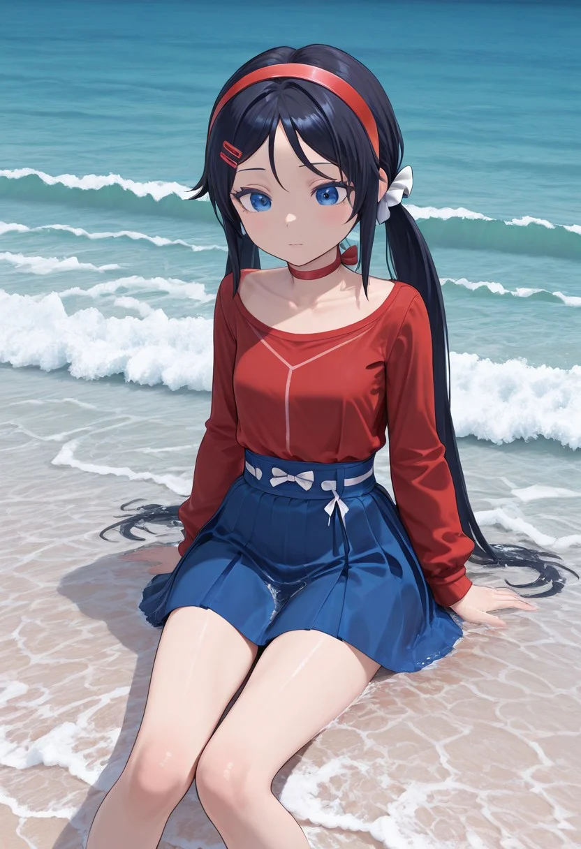 sitting in cafe near beach beautiful island, clear water, waves, ochean, amazing landscape, mita,1girl, solo, petite, hair ornament, perfect, sexy, twintails, red choker, red hairband, long hair,blue_eyes, black hairs, blue skirt, white bows, two ordinary small red clips, red shirt