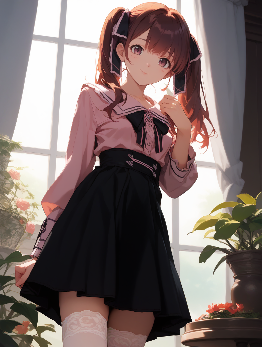 score_9, score_8_up, score_7_upscore_9, score_8_up, score_7_up, rating_family, source_anime, quality_masterpiece, quality_best, time_evening, high res image, detailed eyes, indoor, table,  lace curtains, houseplant, window, maple tree,, 1girl, standing, <lora:jirai kei_pony_V1.0:1>, jirai kei, twintail, pink shirt, black skirt, (thighhighs:1.1), thighhighs, light smile, looking at viewer, from below, <lora:tanakaryou.pony:1>, tanakaryou, yurina, medium breasts,