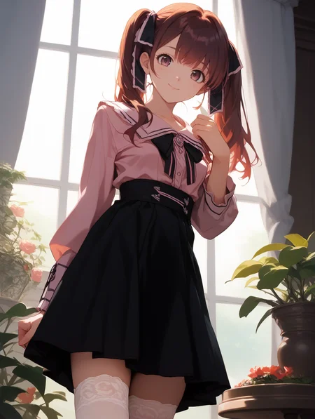 score_9, score_8_up, score_7_upscore_9, score_8_up, score_7_up, rating_family, source_anime, quality_masterpiece, quality_best, time_evening, high res image, detailed eyes, indoor, table,  lace curtains, houseplant, window, maple tree,, 1girl, standing, <lora:jirai kei_pony_V1.0:1>, jirai kei, twintail, pink shirt, black skirt, (thighhighs:1.1), thighhighs, light smile, looking at viewer, from below, <lora:tanakaryou.pony:1>, tanakaryou, yurina, medium breasts,