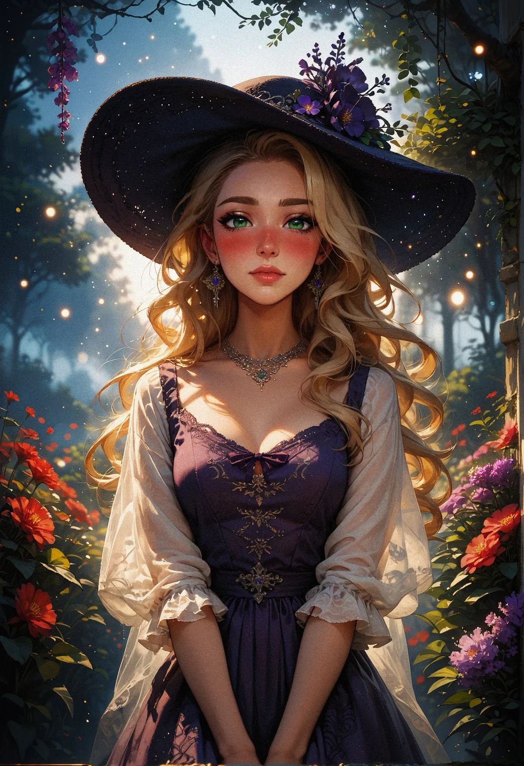 score_9, score_8_up, score_7_up, score_6_up, score_5_up, score_4_up, 1woman, (beautiful face, cute face, 18 years old), blonde, long straight hair, outdoors, plants, flowers, soft lighting, smiling, blush, looking at viewer, nose blush, green eyes, hands between knees, leaning forwards, night, bokeh, moonlight, tan skin, standing <lora:sdxl\Expressive_H-000001:0.6>, expressiveH <lora:sdxl\vixon_pony_gothic_neon:0.4> <lora:sdxl\incase_style_v3_ponyxl_ilff:0.3> <lora:sdxl\sinfully_stylish_SDXL:0.4> <lora:sdxl\wrenchrococodomepdxl-000007:0.8>, purple wrenchrococodome, purple gown, hat