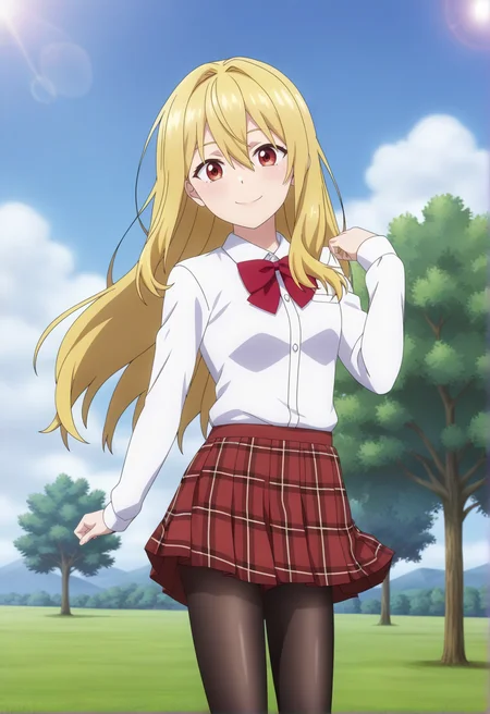 rating_all, BREAK source_anime, 1girl, solo, blonde hair, skirt, pantyhose, long hair, school uniform, jewelry, pleated skirt, bow, outdoors, red eyes, bowtie, shirt, white shirt, sky, hair between eyes, long sleeves, looking at viewer, smile, brown eyes, anime screencap, <lora:MiniAXV9XLScreencap:1>