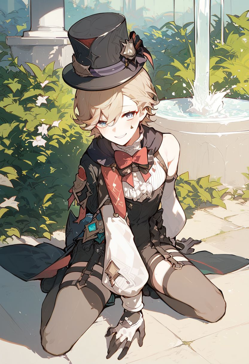 score_9, score_8_up, score_8, anime style, score_9, score_8_up, score_8, anime style, source_anime, otoko no ko, trap, androgynous, solo, 1boy, lyney_\(genshin_impact\), male_focus, teardrop_facial_mark, black_gloves, black_headwear, detached_sleeves, white_shirt, top_hat, top_hat, fantasy city, fountain, smile, full body, Expressiveh