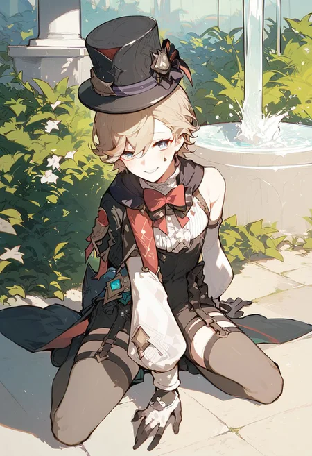 score_9, score_8_up, score_8, anime style, score_9, score_8_up, score_8, anime style, source_anime, otoko no ko, trap, androgynous, solo, 1boy, lyney_\(genshin_impact\), male_focus, teardrop_facial_mark, black_gloves, black_headwear, detached_sleeves, white_shirt, top_hat, top_hat, fantasy city, fountain, smile, full body, Expressiveh