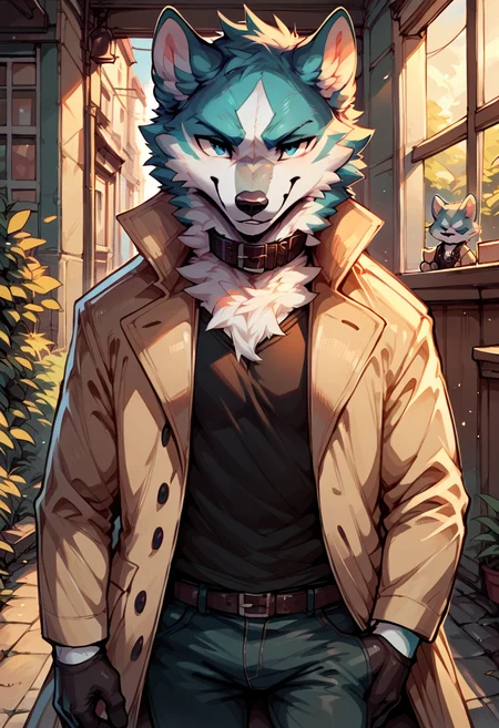 score_9, score_8_up, score_7_up, solo, shirou ogami, bna, 1boy, furry, trench coat, shirt, pants, gloves, collar, cute:1.3, chibi, smug, sly smile, detailed background, looking at viewer, <lora:Shirou_Ogami:1>