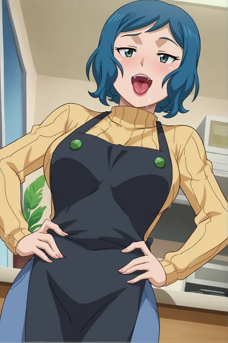 score_9, score_8_up, score_7_up,anime_source, source_anime, best background, detailed background, anime screencap, Rinko, Home Outfit, black apron, horny, naughty face, indoors, cowboy shot , tongue out, saliva, solo, hands on hips, from below, <lora:JN_Iori_Rinko:0.8>