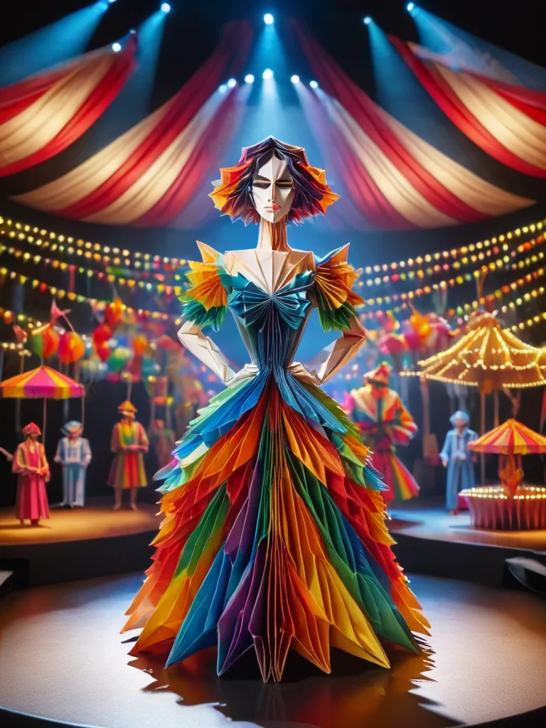 ral-orgmi, a origami paper woman in a colorful dress is standing on a stage <lora:ral-orgmi-sdxl:1>