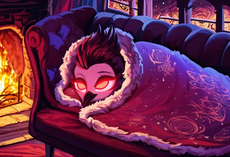 score_9_up,score_8_up,score_7_up,cozy,sprawling fantasy town beyond the end of reality, solo, masterpiece,high detail, high resolution, high quality, best quality, perfect face, perfect eyes, red glowing eyes, anthropomorphic owl demon,tall and slender, with a white heart-shaped facial disk, small black beak,StlsGtia_Dskfll, Stolas laying on sofa, wrapped in cozy blanket, warm fireplace in background, fire embers, galaxy view in window,blanket,comfyblanket,HazbinStyle,cartoon character, detailed shadows,cozy lighting,atmosphere