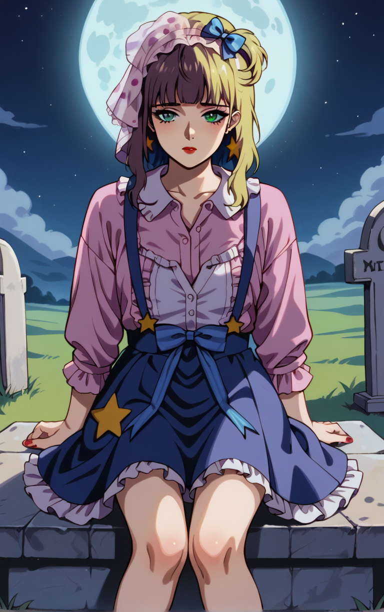 score_9, score_8_up, score_7_up, looking at viewer,  BREAK
ANIME_PresenceDoll_RobotCarnival_ownwaifu, 
1girl, green eyes, makeup, messy hair, blonde hair, hair bow, long hair, jewelry, bangs, blue bow, bow, ribbon, collarbone, star earrings, earrings, lipstick, nail polish, hair ornament, hair ribbon, brown hair, multicolored hair, red lips, blunt bangs, two-tone hair
purple dress, frilled dress, dress, doll, horror \(theme\), sad, long sleeves, frills, star (symbol), shirt, striped, veil, polka dot, white shirt, suspenders, pink shirt, collared shirt, blue skirt, star print, frilled shirt collar, frilled sleeves, shirt tucked in, pink headwear, open clothes, 
(sitting, full moon), graveyard, grave, tombstone, moonlight, <lora:PONYXL_PresenceDoll_RobotCarnival_ownwaifu:0.8> , depth of field, solo, Captivating Image,