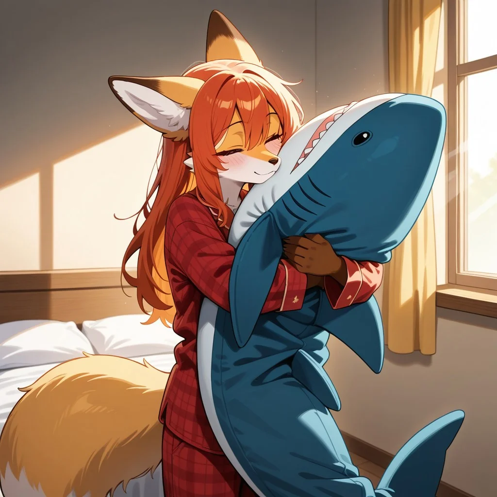 furry, anthro, fox, pajamas pants, red plaid shirt, bedroom, morning, hugging with ikea shark, rays from the sun
masterpiece, best quality, amazing quality, very aesthetic, absurdres, newest,