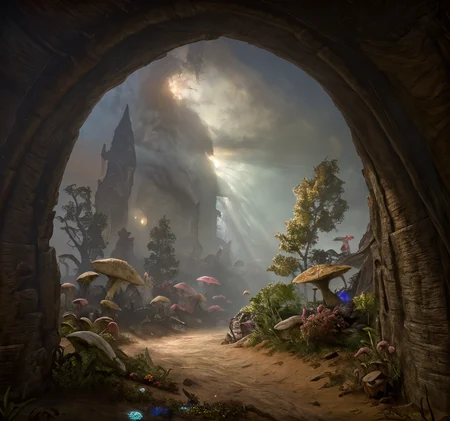 RAW photo, (masterpiece:1.3), subsurface scattering, heavy shadow, (high quality:1.4), (intricate, high detail:1.2), professional photography, HDR, High Dynamic Range, realistic, ultra realistic, photorealistic, high resolution, film photography, ambient lighting, atmospheric effects, <lora:detail_slider_v4:2>, OverallDetail,  <lora:Morrowind:1>, Morrowind, a small village, houses, giant mushrooms,  epiCPhoto