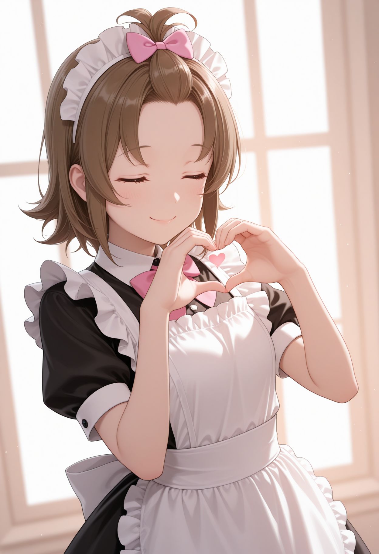 masterpiece,best quality,absurdres,highres,very aesthetic,high quality,detailed,insanely detailed,beautiful,perfect lighting, looking at viewer, looking at viewer, smile,
, very awa < <lora:Hideko Yamashita illu:1> 1girl, brown hair, short hair, hair bow, pink bow, closed eyes, dress, frills, , hair ornament, heart, heart hands, long hair, looking away, maid, maid apron, maid headdress,