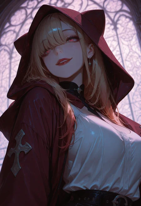 Kitagawa Marin, 1girl, hair over eyes, bangs, white tank top, designer torns on tank top, burgundy lips, skinny, big breasts, mystery smile, dark red coat, hood on the head, mystic background, soft yellow glow, merge modern realm in urban style with magic fantasy, dutch angle, close up, epic character portrait, dark palette, high contrast, high contrast, mystic lighting,
(Smooth Quality - Illustrious:0.8), masterpiece,best quality,amazing quality, absurdres, ultra-HD, 8k, fit body, raytracing, blum effect,soft lighting, volumetric lighting, ambient occlusion,absolutely eye-catching, highest quality, (dramatic lighting), usnr, (cinematic composition:1.3), depth of field, (adult), wide eyes, (mature female), very aesthetic, smooth image, mesmerizing gaze, 7481llu,
<lora:illustrious_quality_modifiers_masterpieces_v1:1> <lora:USNR_STYLE_ILL_V1_lokr3:0.5> <lora:ponyv4_noob1_2_adamW:0.3> <lora:FINALE:0.2> <lora:MoriiMee_Gothic_Niji_Style_Illustrious_r1:0.6> <lora:MGE_V5.2_IL:0.5>