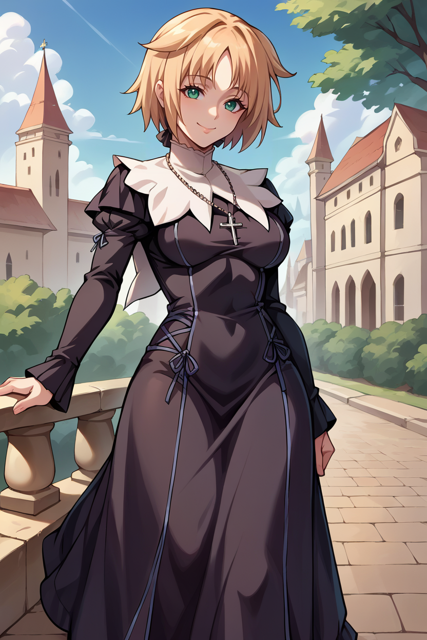 score_9, score_8_up, score_7_up, score_6_up, source_anime, BREAK 1girl, solo,  <lora:teresaberia-pdxl-nvwls-v1-000005:1> teresaberia, blonde hair, green eyes, necklace, nun dress, black dress, long sleeves, medium breasts, smile, blue sky, looking at you, trees, city, monastery