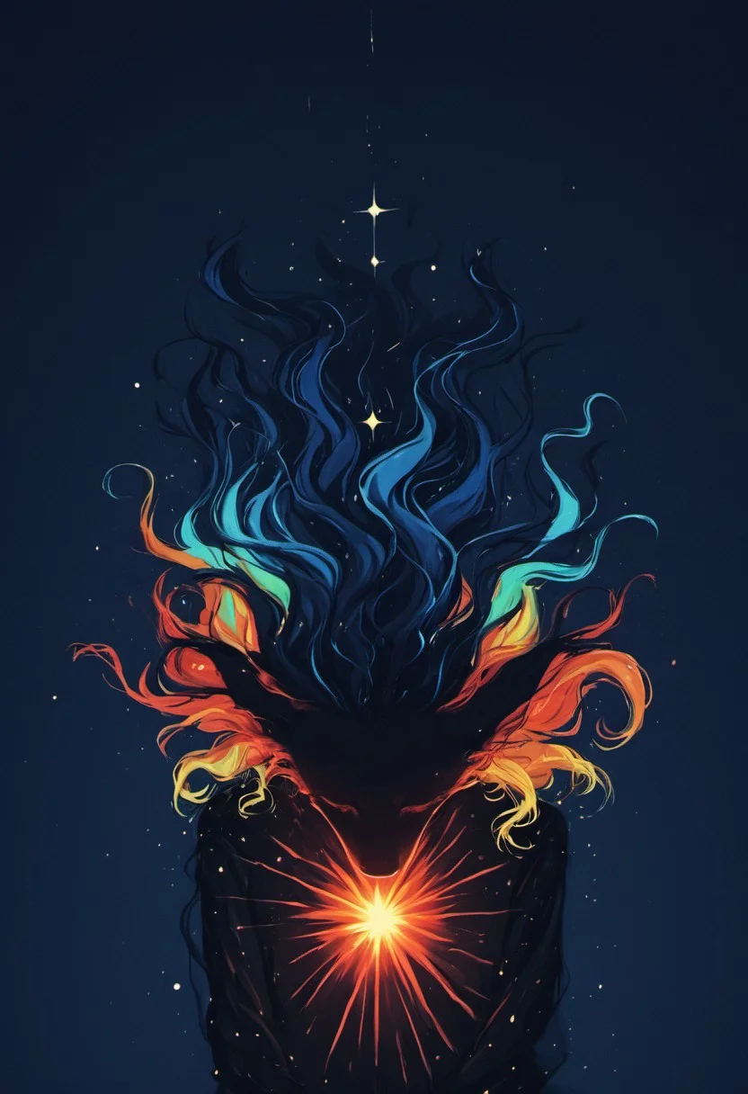 score_9, score_8_up, score_7_up, folded ears, Create a colorful abstract highly detailed image, a vibrant digital artwork depicting a serene female anthro fox figure with her eyes closed and her head tilted upwards. Her long, wavy copper hair falls down her back and is interwoven with intricate patterns of swirling colors. The background is a rich, dark blue night sky with glowing stars and abstract, colorful spheres. The figure's face is adorned with soft, gentle features and a serene expression, her lips slightly parted as if she is in a state of meditation or bliss. The artwork is a mix of surrealism and expressionism with an emphasis on rich, flowing textures and vibrant color gradients. The background features a mix of geometric and organic shapes, including circular and rectangular shapes in shades of blue, orange, yellow, and green, creating a sense of depth and movement. The figure's hair blends seamlessly into these patterns, adding to the overall fluidity of the work. The colors are intensely saturated, with deep blues, fiery oranges, and warm yellows dominating the scene. Textures vary from soft, flowing hair to rough, swirling patterns in the background, enhancing the dreamlike quality of the artwork. th3d4rk, darkness, shadow