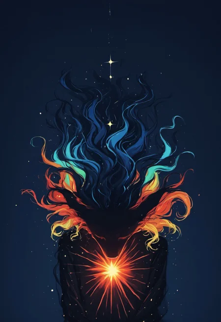 score_9, score_8_up, score_7_up, folded ears, Create a colorful abstract highly detailed image, a vibrant digital artwork depicting a serene female anthro fox figure with her eyes closed and her head tilted upwards. Her long, wavy copper hair falls down her back and is interwoven with intricate patterns of swirling colors. The background is a rich, dark blue night sky with glowing stars and abstract, colorful spheres. The figure's face is adorned with soft, gentle features and a serene expression, her lips slightly parted as if she is in a state of meditation or bliss. The artwork is a mix of surrealism and expressionism with an emphasis on rich, flowing textures and vibrant color gradients. The background features a mix of geometric and organic shapes, including circular and rectangular shapes in shades of blue, orange, yellow, and green, creating a sense of depth and movement. The figure's hair blends seamlessly into these patterns, adding to the overall fluidity of the work. The colors are intensely saturated, with deep blues, fiery oranges, and warm yellows dominating the scene. Textures vary from soft, flowing hair to rough, swirling patterns in the background, enhancing the dreamlike quality of the artwork. th3d4rk, darkness, shadow