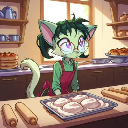 Dreamkeepers,1girl,prelude_lilith,solo,furry,tail,green hair, source_furry,glasses,magenta eyes,
child, kid,
covered in dough, covered in flour, kneads dough on a flour-dusted counter, sunlight streaming through café windows. A kitten bats at a rolling pin, and trays of pastries line the shelves, baking, dough, flour, kitten, rolling_pin, countertop, pastry, sunlight, apron, messy_hair, bow, indoors, warm_lighting, cozy_atmosphere