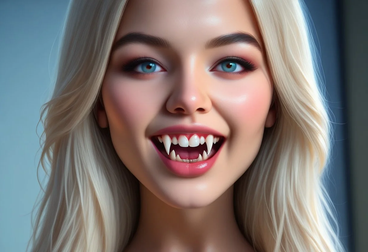 concept art, realistic, 1girl, ((solo:1.8)), 18 years old.
Gorgeous sexy female. Beautiful feminine face,
VampFang, Fangs