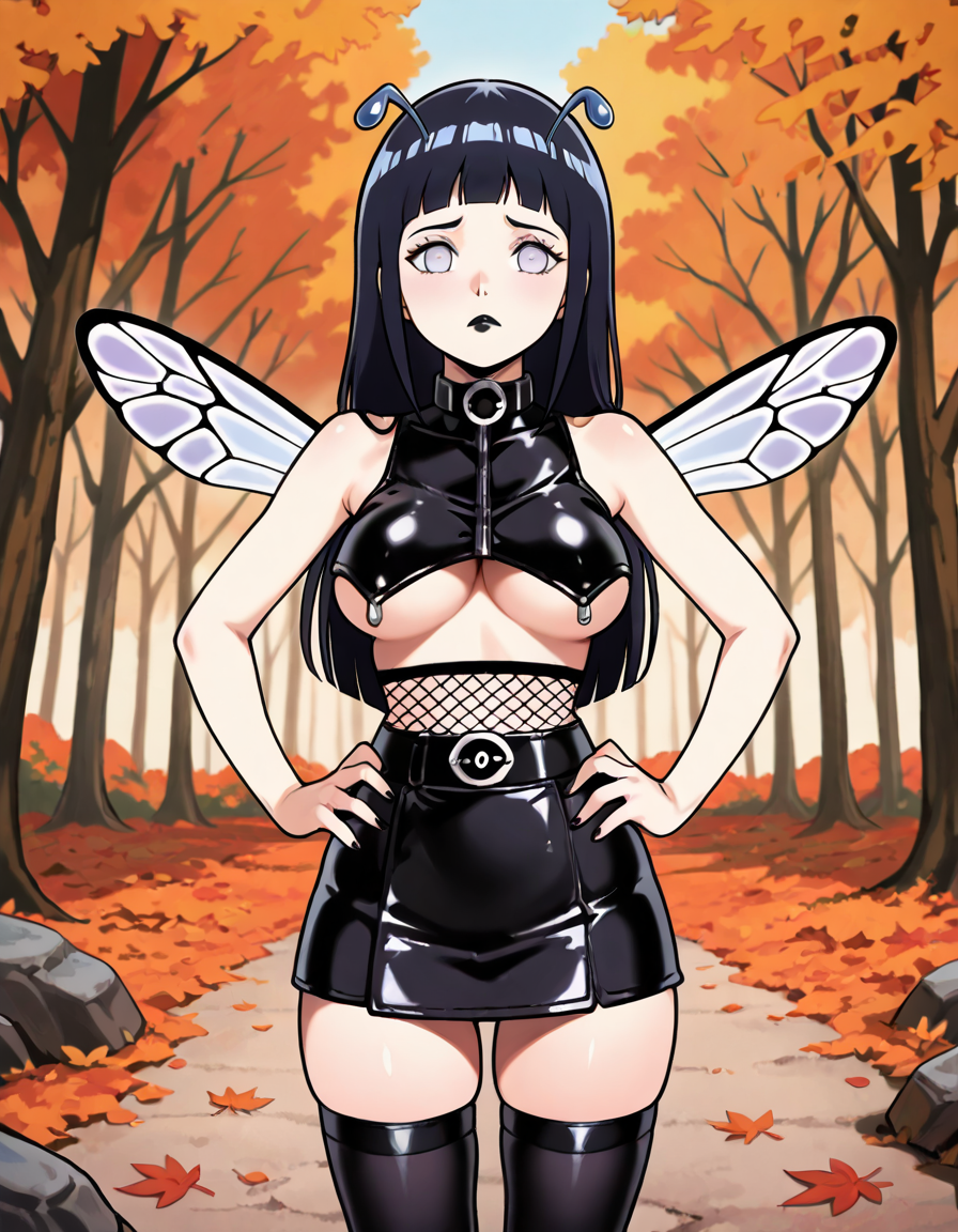 (Hyuuga_Hinata), <lora:Pfil_Illustrious-000003:1>1girl solo, , Pfil, goth, antennae, fairy, wings, fishnets, black lipstick, frown, thighhighs, zettai ryouki, leather skirt, belt, underboob, leather breast curtain, outdoors, forrest, trees, leaves, autumn, hands on hips, mini girl