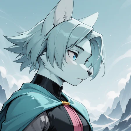 masterpiece, best quality, amazing quality, du57aet, anthro, ((male focus, 1boy, solo)), male, blue eyes, cape, vest, shirt, shoulders up portrait, side view, abstract background<lora:Illustrious\dust-illuv2.safetensors:1.0000000000000002:1.0000000000000002>