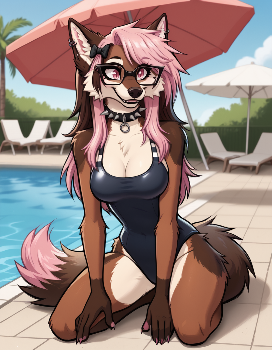 outdoors,poolside, beach umbrella, 
Keiko,1girl,solo,furry female,animal ears,tail,collar,multicolored hair,spikes,long hair,ear piercing,wolf ears,hair bow,glasses,body fur,pink hair,pink eyes,wolf tail,
full body,long eyelashes,seductive smile,
swimsuit, 
<lora:Keiko_v02_PDXL:1>,