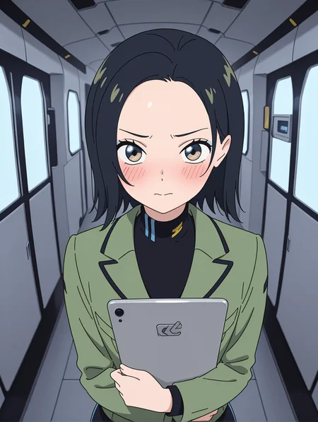masterpiece,best quality,newest,1girl,solo,
<lora:comoli_harcourt_ilxl_v1,1:1>,comoli,c_clothes,green jacket,black pencil skirt,
Inside a Spaceship,
<lora:Fixhands_anime_bdsqlsz_V1:1>,looking_at_viewer,blush,foreshortening,holding tablet,upper_body,portrait,contempt,