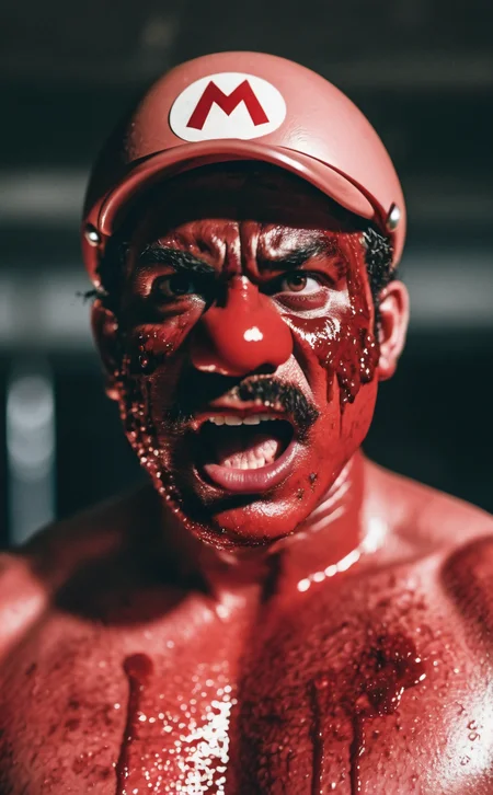 RAW photo of sweaty super Mario as a real character, blood, (dystopian movie:1.22), film grain, sweaty face, extreme detailed face ,as gore movie ,gruesome:1.1