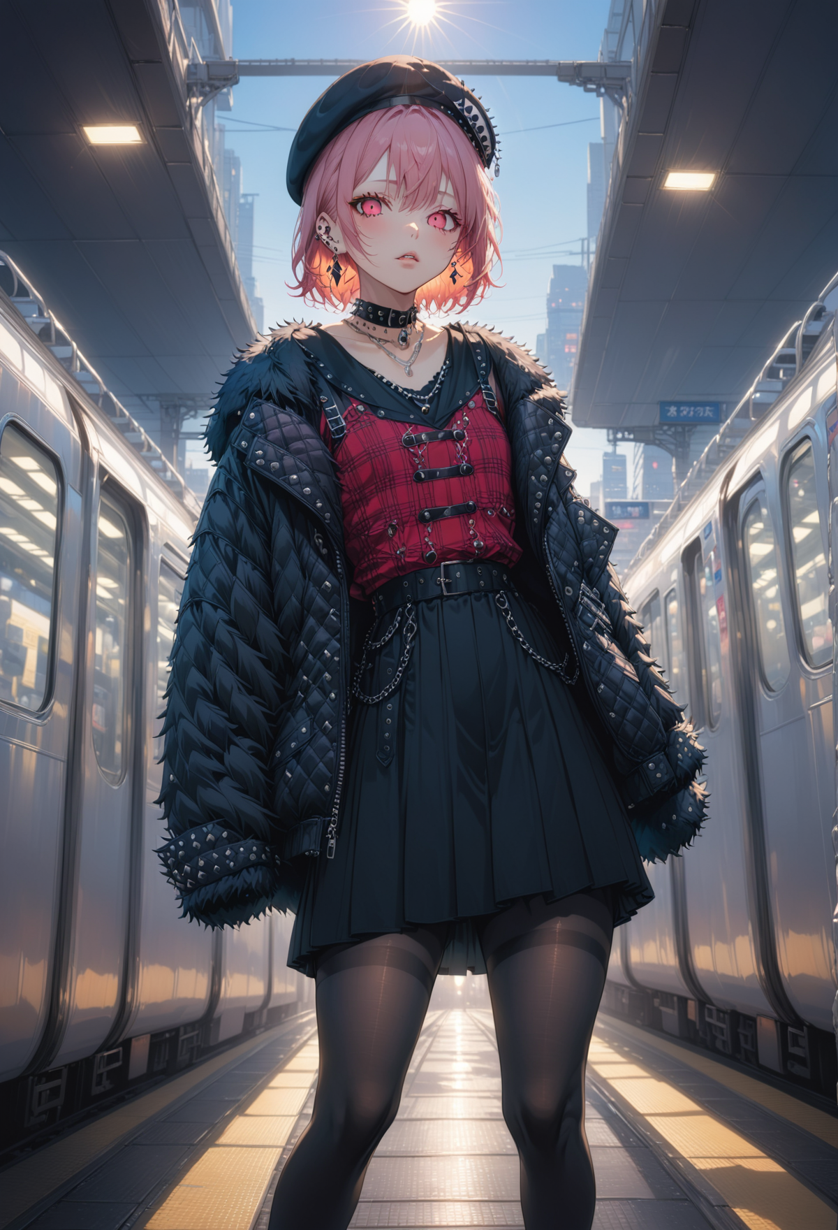 tokyo_street_fashion_xl, streetwear, 1girl, chic, punk, eyeliner, nosering, piercing, earrings, black choker, short pink hair, beret, red argyle dress, black pantyhose, feather jacket, fur trim, hat, jewelry, looking at viewer, makeup, plaid, skirt, half-closed eyes,
on an empty Shinjuku station platform, bokeh, depth of field, blacklighting, sunlight, solo focus,
very aesthetic, highres, 4k, 8k, intricate detail, cinematic lighting, amazing quality, amazing shading, detailed Illustration, official artwork, wallpaper, official art,
extremely detailed eyes and face, beautiful detailed eyes,
from below, full body, leaning, dynamic pose
<lora:aesthetic_anime_v1s:1>
<lora:tokyo_street_fashion_xl_1:1>