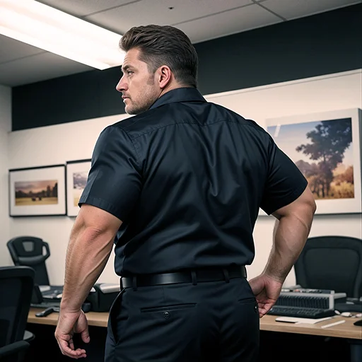 1Man, A sexy hairy, hirsute, hot, old, mature office worker musclebear in a tight red suit,black shirt and white tie, with his huge back to the viewer, big muscular ass, (((fat, obese))), but very muscular. (best quality,4k,8k,highres,masterpiece:1.2),ultra-detailed,(realistic,photorealistic,photo-realistic:1.37),vivid colors,professional,studio lighting,physically-based rendering,sharp focus,extreme detail description,portraits