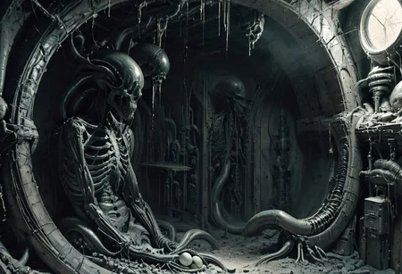 birthing room, cold, destitute, highly detailed, abandoned factory, enormous, metallic walls echo with the haunting hum of machinery long silenced, nightmares of cosmic gods, elongated limbs write with pulsating veins, translucent skin pulled tight over skull, cryogenic eggs laqurered in obsidian, network of luminescent tendrils, eyes multifaceted, unblinking, conveyor belt snakes through as eggs the size of a small car, are pushed out, gigantic, slick shiny black and grey, epic, collosus, megalomania, a grotesque nasty nightmarish queen, ventilator, forced to birth, giving birth to hundreds of grotesque beings, drones, scuttering, epic, mass of flesh, transparent eggs, veiny membrane, two scientists taking observing, taking note, tentacles, transparent slime, breathing tubes, skip clip:773, energy leech, tiny scientists are observing taking notes, latched on eggs with embryo, style of H. R. Giger,
Highly detailed. FRESHIDEAS Sci-fi scenes, realistic, obscene, unappealing, hellish, gross, vats of flesh bubbling, unimaginable, scary, disgusted, cosmic horror, neonnightmare, crying, melting, giant skeletal skulls ofalien origin embedded in the rock face, metalic, cold, religious horror, color graded cinematic, eye catchlights, atmospheric lighting, macro shot, skin pores, imperfections
