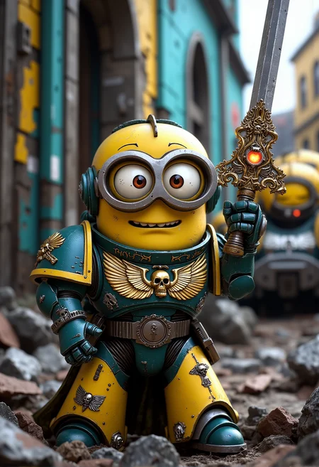 space marine. A fierce but tiny Minion dressed in elaborate Space Marine power armor, richly detailed, painted in bright Minion yellow and blue. The Minion is without a helmet (no helmet:2.0), showcasing their iconic Minion goggles, expressive eyes, and wide smile. The Minion is wielding a power sword with a glowing edge, banana-themed pommel and glowing runes. The Minion is depicted in a scene such as: standing triumphantly on a pile of rubble, raising a chainsword high, banana insignia glinting in the light. The Minion's expression is confused but confidently charging forward, goggles shining. The scene should be depicted in a colorful but gritty Warhammer 40k style, with bright yellows and blues to emphasize the Minionsâ classic color scheme. The armor and weapons are detailed with ornate designs, but humor is maintained through Minion-themed accessories and comical touches. Witty details include: banana motifs hidden within the armorâs design, particularly on the shoulder plates and chest. Background elements should resemble classic Warhammer 40k settings but with a humorous Minion twist, such as: a Land Raider tank with a banana launcher attached, painted in bright yellow and blue. , <lora:sm2.safetensors:1.0:1.0>