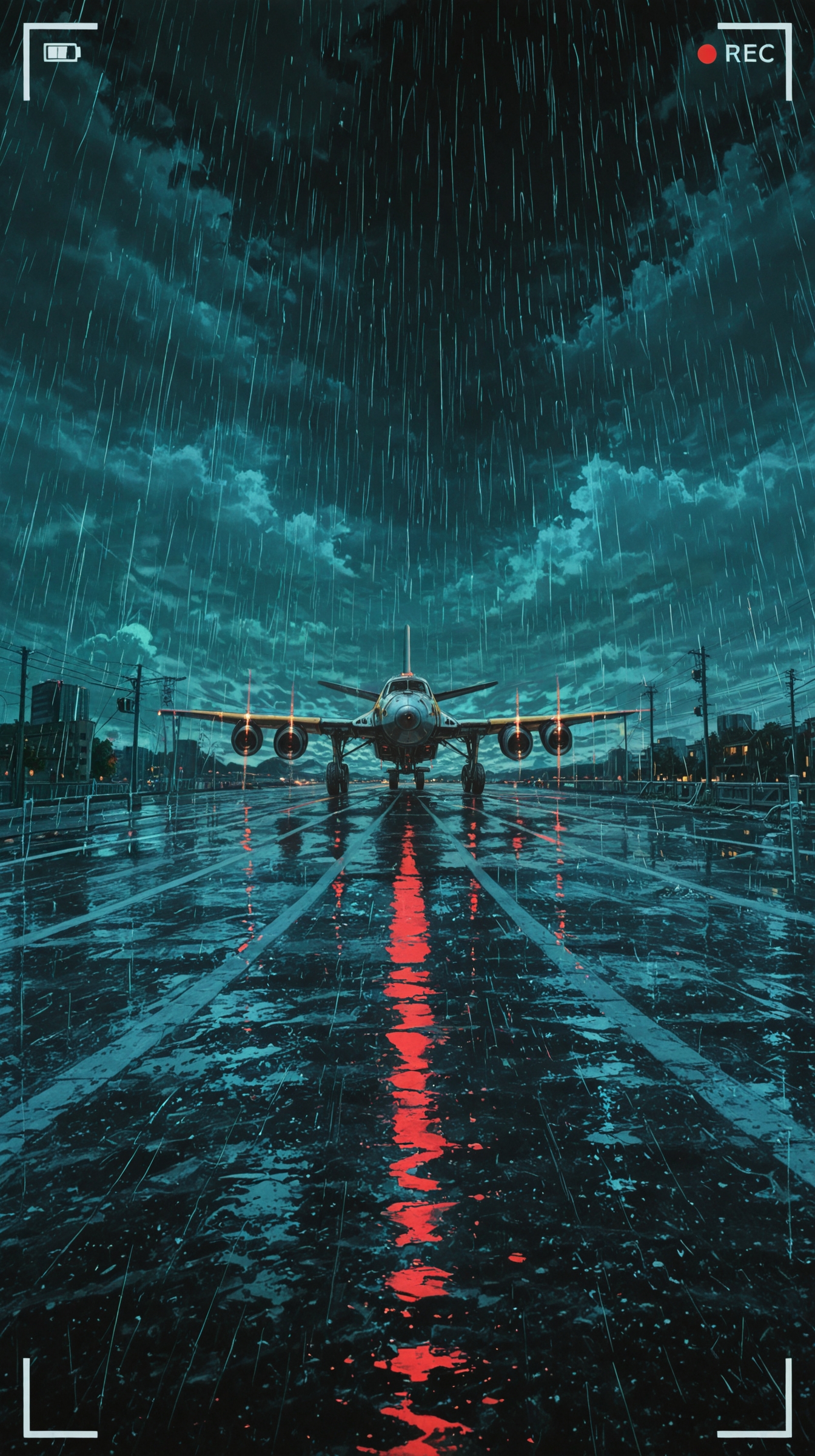 no humans, commercial airplane, runway, aircraft, airport, rain, raindrops, wet ground, stormy sky, overcast, bad weather, night, dark sky, red lights, reflections, cinematic lighting, moody lighting, high contrast, viewfinder, focus lines,            
masterpiece, best quality, amazing quality, very aesthetic, absurdres, newest, scenery, anime coloring, flat color