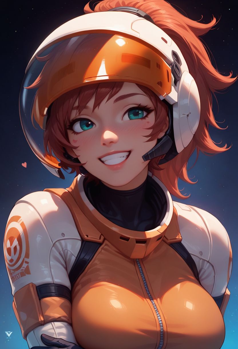 score_9, score_8_up, score_7_up, score_6, score_5, score_4, 1girl, solo, medium tits, helmet with colored visor under arm, off-white skin tight space suit, posing next to fighter jet, smiling, v, gloves, portrait, Okinawa background,