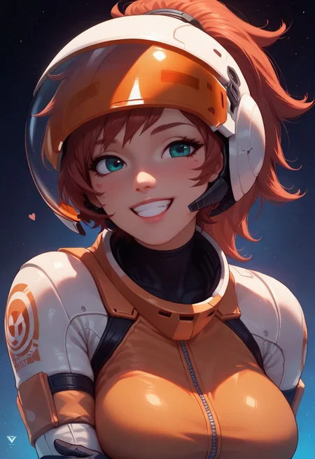 score_9, score_8_up, score_7_up, score_6, score_5, score_4, 1girl, solo, medium tits, helmet with colored visor under arm, off-white skin tight space suit, posing next to fighter jet, smiling, v, gloves, portrait, Okinawa background,