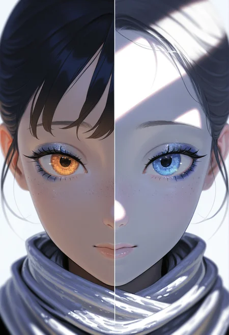 1girl, close-up, facing viewer, symmetrical face, pale skin, heterochromia, high cheekbones, glossy lips, detailed eyes, soft eyelashes, natural freckles, subtle makeup, intricate hairstyle, silk scarf, studio background, cinematic lighting, soft shadows, depth of field
ILXLpos,