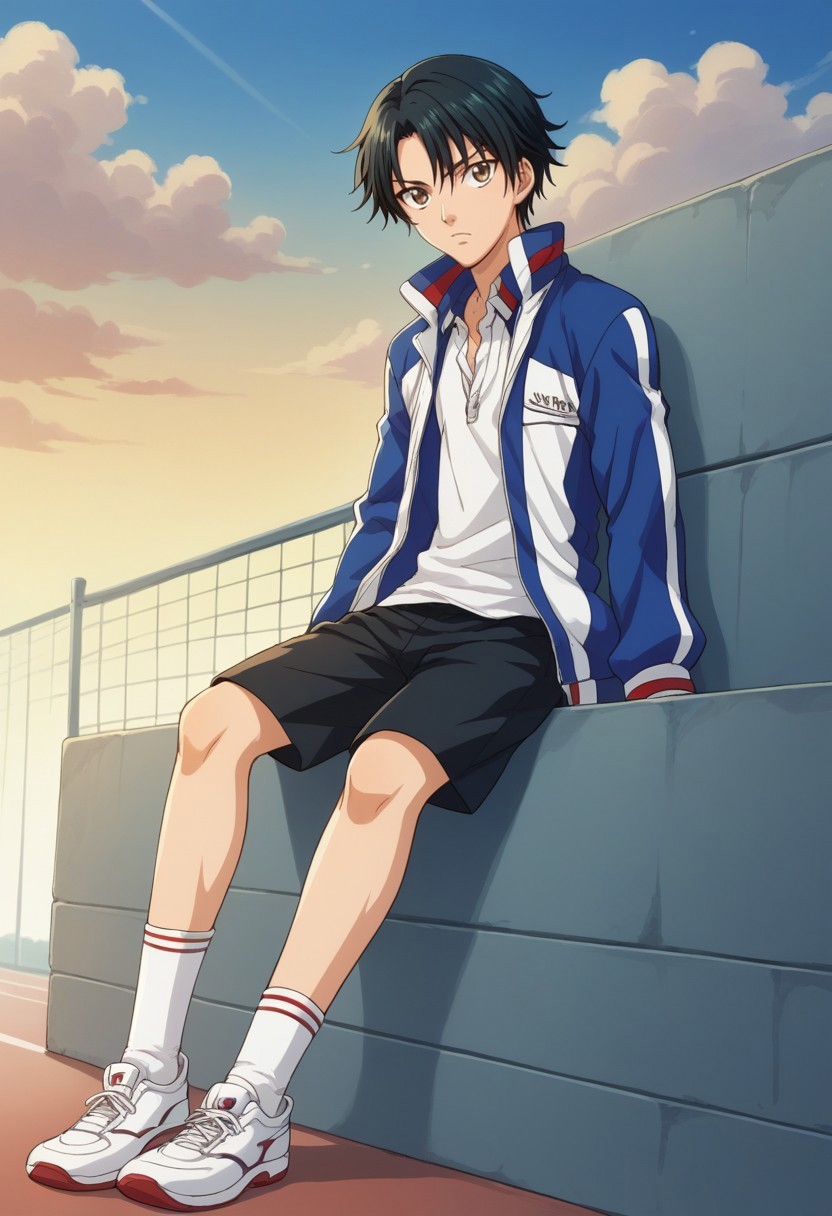 score_9, score_8_up, score_7_up, source_anime, highly detailed, 

echizen, 1boy, male focus, solo, black hair, short hair, brown eyes, sportwear, tennis uniform, shirt, white whirt, jacket, track jacket, open jacket, open clothes, shorts, black shorts, socks, shoes, sneakers, frown

outdoor, sky, cloud, sit,