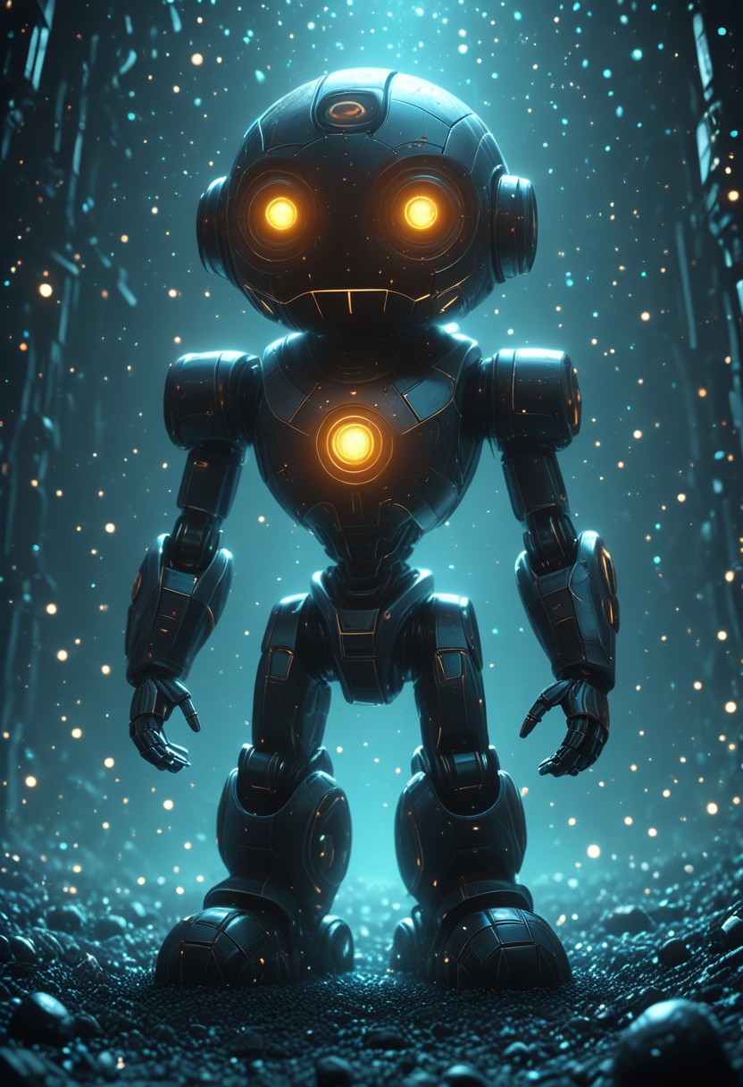 A hyperrealistic cute and funny pixar movie like 3d render of a robot, simple background, monochrom background, cubes and sphere background, futuristic, biomech vibes, mobe-cybideen, masterpiece, absurdres, vibrant, scifi spacescape setting, dynamic angle, dynamic pose, dramatic light, highly detailed, high resolution textures, ultra high resolution,