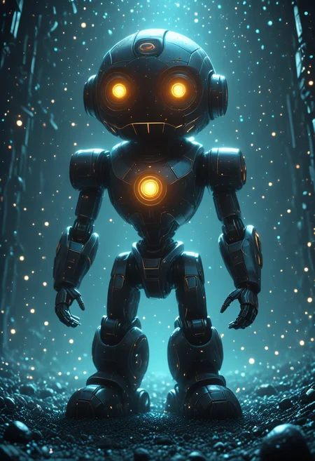 A hyperrealistic cute and funny pixar movie like 3d render of a robot, simple background, monochrom background, cubes and sphere background, futuristic, biomech vibes, mobe-cybideen, masterpiece, absurdres, vibrant, scifi spacescape setting, dynamic angle, dynamic pose, dramatic light, highly detailed, high resolution textures, ultra high resolution,